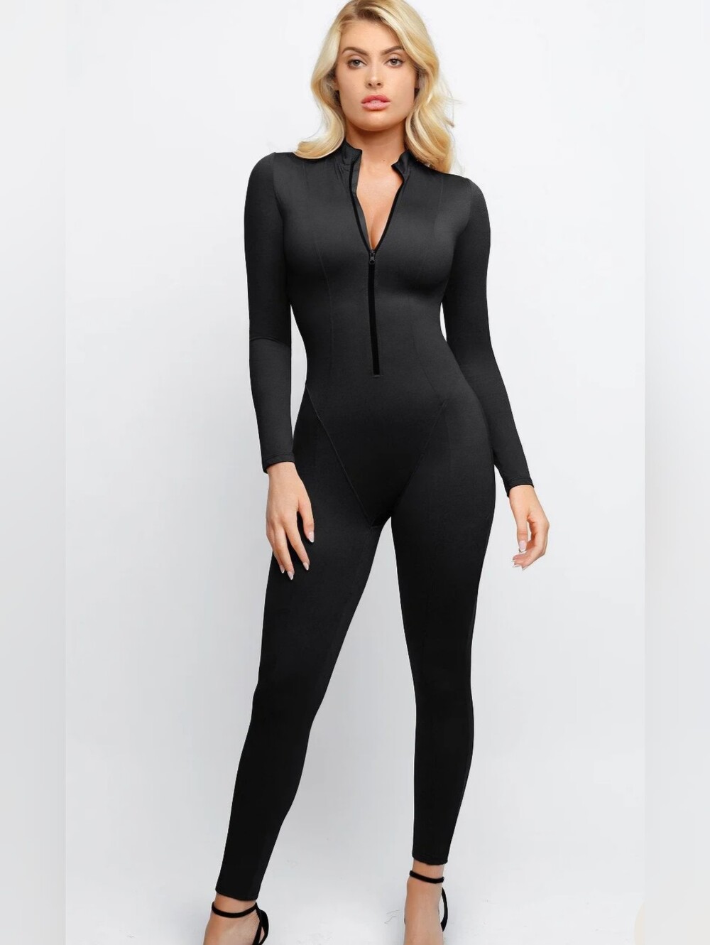 Popilush Shapewear Long Sleeve Mock Neck Zip Front Sculpting Jumpsuit Medium